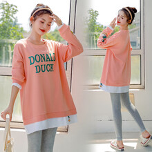 孕妇装春秋装T恤潮妈2021新款两件套装外出时尚款连衣裙春秋款卫衣 粉橙上衣 M【建议90-115斤】