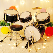 【券减30】俏娃宝贝 架子鼓 儿童初学者玩具男孩练手神器3-5-8岁小孩家用打击乐器敲打鼓宝宝爵士鼓 黑：【银圈】桦木合金4鼓+鼓凳
