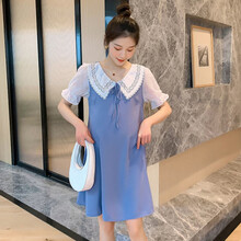 南叮雅格孕妇裙夏装网红减龄夏装遮肚潮妈时尚蝴蝶结娃娃领宽松夏季大码连衣裙 兰色 M