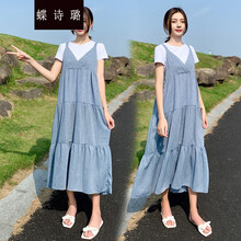 蝶诗璐 孕妇装潮上衣辣妈个性孕妇夏装连衣裙夏季两件套装外出时尚款孕妈装 天蓝色 2XL