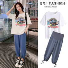 南叮雅格孕妇装套装新款夏装外出时尚款2021夏款T恤上衣网红洋气两件套潮妈 白上衣+灰蓝色裤子【套装】 L