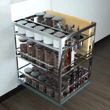 沙恩304不锈钢调味篮厨房橱柜抽屉式轨道底装厨柜刀架空心管阻尼拉篮厨房拉篮缓冲碗碟架调味收纳架 200柜体