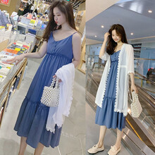 凯琳卡洛儿 孕妇装夏装新款孕妇裙孕妇连衣裙2021时尚宽松韩版孕妇长裙夏季两件套装吊带裙孕妈装 湖蓝色+白色披肩 L