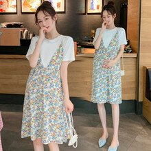 南叮雅格夏装孕妇连衣裙宽松时尚拼接假两件碎花雪纺裙洋气网红潮妈中长款 图片色 XL