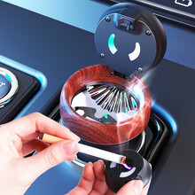 MIXSAS 车载烟灰缸创意个性多功能有盖带盖夜视灯点烟头男专用汽车用车内烟缸 电弧点烟【木纹】充电+七彩灯+陶瓷内胆