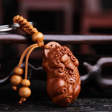 车钥匙挂件男女通用车钥匙扣 桃木挂件随身桃木算盘雕刻工艺品木雕车钥匙扣 单貔貅