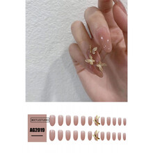 茹诗妮 奶茶纯色方头指甲贴片美甲成品中长款超闪钻日系镶钻裸色假指甲片 AG2019