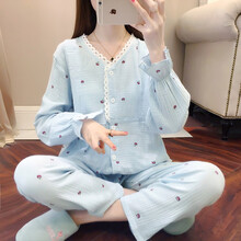 月子服纯棉夏 春夏季纯棉月子服纱布薄款大码孕妇睡衣产后时尚哺乳喂奶衣家居服 V领小苹果(天蓝) M(100-120斤)