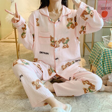 十月结晶同款 月子服5月份6产后夏季薄款纱布孕妇睡衣产妇哺乳衣夏天纯棉喂奶衣 翻领粉色围巾熊绉布月子 (哺乳口+松紧可调节腰围)