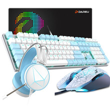 达尔优牧马人 机械键盘鼠标耳机三件套装 电竞游戏键鼠套装(有线usb 绝地求生吃鸡 网吧网咖lol) 108键蓝白青轴+牧马人2代+EH722