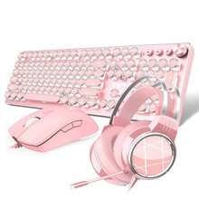 牧马人K100粉色少女机械键盘鼠标套装有线外接台式电脑复古电竞游戏键鼠笔记本耳机三件套网红吃鸡外设 樱花粉白光-黑轴【朋克版】+M1粉色静音鼠标+耳机