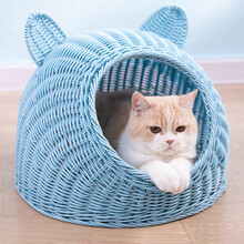 猫主义 猫窝半封闭式四季通用夏季仿藤编狗窝夏天凉窝猫床宠物窝猫咪宠物窝透气可水洗手工藤编编制 天空蓝 M