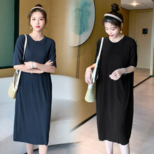 欣柏纶 孕妇装夏装时尚潮妈短袖孕妇连衣裙春夏季中长款外穿孕妇裙夏天大码孕妈装宽松舒适弹力 黑色 L