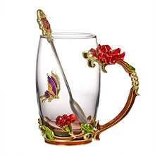 诺·诗曼咖啡杯 珐琅彩咖啡杯玻璃带盖套装创意欧式杯子家用客厅透明水杯女玻璃杯 咖啡红高+珐琅勺+简单装