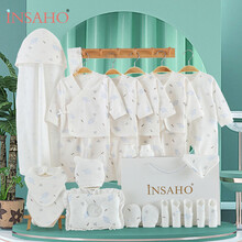 INSAHO 婴儿衣服礼盒新生儿5套衣服纯棉男女宝宝满月礼物盒服饰套装母婴用品百岁礼初生幼儿春夏衣服 YEF027 湛蓝色树叶四季款25件套【5套衣服】 59cm（适用0-3个月）