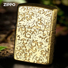 zippo打火机 纯铜雕刻唐草 五面深雕唐草纹 美国之宝煤油防风火机 个性定制刻字 父亲节礼物 常规版金色深雕五面唐草（三件套套装）