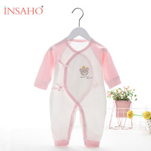 INSAHO婴儿衣服新生儿连体衣夏季薄款夏装外出服爬爬服适用0~6个月男女无骨纯棉透气舒适 DJYF03【两件套】小熊系带蝴蝶衣 嫩粉色 59cm（0-3个月）