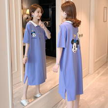 孕妇夏装大码t恤裙2021夏款网红时尚过膝遮肚子宽松过膝孕妇连衣裙潮妈胖mm 蓝色 L