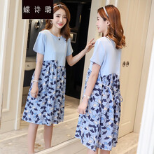 蝶诗璐 孕妇装连衣裙春夏季新款宽松夏装中长款大码时尚拼接圆领短袖孕妇裙子外穿薄款夏天孕妈装 蓝色 M