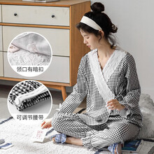 娇银月子服夏纯棉透气吸汗孕妇睡衣产后春秋新款长袖哺乳衣套装家居服套装 C776格子和服两件套 S（建议80-100斤左右穿）