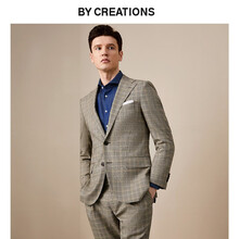 By Creations柏品高支纱纯羊毛格纹套西服男复古商务职业正装结婚新郎西装套装 卡其色 44 (165/84A)