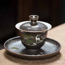 裕凡 复古三才盖碗茶杯陶瓷  单个手工泡茶碗泡茶杯手抓壶套装  茶壶泡茶壶单壶手工壶不烫手 功夫茶具 复古盖碗（吉祥鹿）