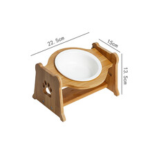 猫碗陶瓷 双碗护颈高脚倾斜宠物猫咪用品猫粮盆狗碗架 单碗+竹木架-纯白