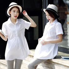 孕妇上衣短袖衬衫职业夏装棉中长款衬衣宽松白色装潮妈 白色 短袖 XXL