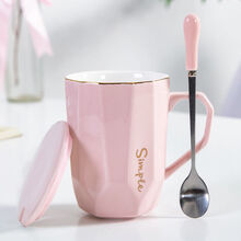 ins北欧水杯女学生韩版马克杯简约咖啡杯办公室文艺陶瓷杯子带盖 粉红色带（盖+勺）