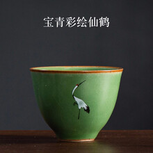 容山堂景致宝青仙鹤盖碗陶瓷大三才茶碗女主人茶杯窑变茶具茶盏碗 宝青彩绘仙鹤回首茶杯