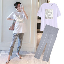 MUMUCREAN孕妇夏装潮妈夏季套装时尚款2021新款T恤上衣孕妇裤两件套夏季孕妈装 白色上衣【单件】 L