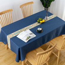 鱼人街 桌布布艺棉麻中国风餐桌布长方形茶几布欧式纯色小清新圆形中式学生台布 蓝色桌旗 135*180cm桌布