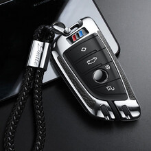 适用于宝马5系钥匙包525li530li新3系X3X1X2X4X5X6X7系刀锋钥匙套包扣金属壳 A款-硅胶全包裹-贴皮-月光银-手绳款