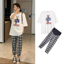 苒祺祺孕妇套装2021夏装新款孕妇两件套T恤+格子宽松网红洋气孕妇装夏款 白色T+格子裤（套装） L