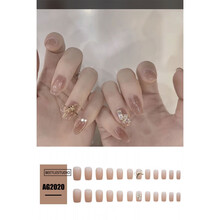 茹诗妮 奶茶纯色方头指甲贴片美甲成品中长款超闪钻日系镶钻裸色假指甲片 AG2020