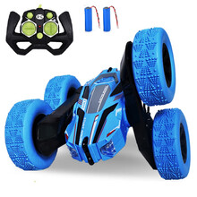 【续航60分钟】遥控汽车特技车 遥控车儿童玩具双面翻斗旋转车 充电动男孩赛车6-8-12岁生日礼物 双面特技翻滚车蓝色【双电池】带3首音乐