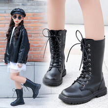 巴九灵 女童靴子儿童皮鞋长靴马丁靴加绒棉鞋女童鞋2020新款学生英伦棉靴长筒靴 黑色加绒 鞋码偏小请按内长选购