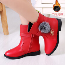 巴九灵 女童靴子儿童棉鞋加绒皮鞋毛球皮靴女童鞋学生棉靴雪地靴2020秋冬款中筒靴 红色二棉 鞋码偏小请按内长选购