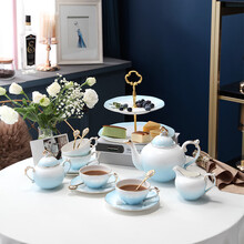 INGRI（英格丽）咖啡杯套装家用轻奢陶瓷下午茶具托盘花茶壶杯碟骨瓷小奢华礼盒装 16件云似海（1大壶1奶壶1糖壶6杯碟带勺）礼盒装