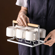 美康之家 咖啡杯欧式小奢华ins风家用英式下午茶杯套装咖啡拿铁红茶杯 白色杯架+黑线咖啡杯×6（牛皮纸箱装）