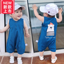 冠空℘‼️〶新品1-6岁15岁小孩穿的鞋子婴儿儿连体衣夏季薄款短袖纯棉网红宝宝哈衣幼儿外出可爱爬服 宝蓝色可爱小熊宽肩款 90码建议1.5周岁左右