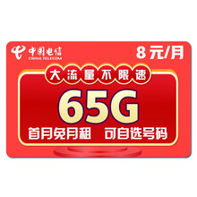 中国电信 电信流量卡纯上网4g手机号码卡腾讯5g大王卡电话卡日租卡不限速无限纯流量卡不限量上网卡 宙斯卡8元含65G全国流量不限速，可自选号码
