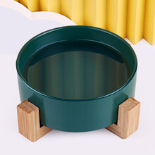 喵先生 狗碗猫碗陶瓷宠物猫咪狗狗食盆双碗带木架防打翻猫粮盆水盆小猫咪小狗食具水碗宠物用品不黑下巴 竹架陶瓷单碗 黛绿色