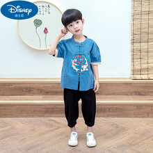迪士尼正品牌童装5-9岁14男孩汉服男童汉服棉麻夏套装唐装儿童古装公子复古风宝宝幼儿小少爷中国风 蓝色--新款小鱼 120