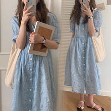 敏潮格伦孕妇夏装气质网红款宽松显瘦遮肚夏季小清新可开扣哺乳孕妇连衣裙 蓝色 M