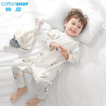 棉店儿童连体睡衣春夏季纯棉薄款长袖防踢睡衣儿童空调服婴儿春装 绿色印花 110