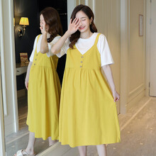 瑾依惠孕妇装2021新款夏装孕妇裙子韩版时尚拼接中长款外出宽松潮妈孕妇连衣裙 黄色. L