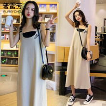 普雷芳孕妇装2021夏装新款潮妈时尚孕妇裙套装韩版宽松孕妇长裙+裹胸吊带孕妇连衣裙中长款 图片色 M