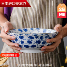 美浓烧（Mino Yaki）日本原装进口古染蓝绘大汤碗系列单个、5件套陶瓷餐具套装 KN7-2唐草纹21*8CM