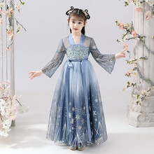 猫总监女童古装汉服超仙襦裙夏季小女孩中国风连衣裙中小童唐装古风雪纺仙女裙儿童六一舞蹈表演服古筝演出服 深蓝色（不含白色披帛） 150码